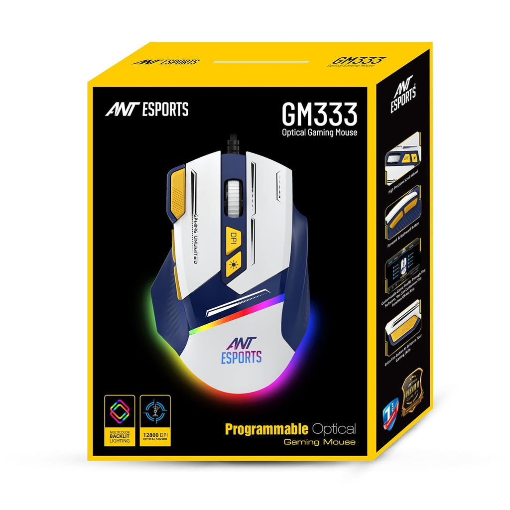 Ant Esports GM333 12800DPI RGB Wired Gaming Mouse Blue/White/Yellow