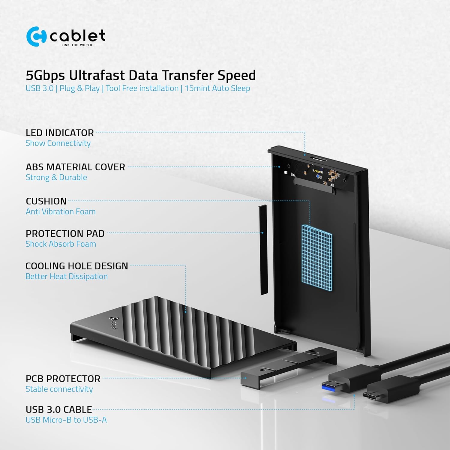 Cablet 2.5 Inch SATA USB 3.0 HDD/SSD 5Gbps Speed Portable External Enclosure for 7mm and 9.5mm, Tool-Free Design, Supports UASP Max 6TB (HD2599-U3 (USB 3.0))