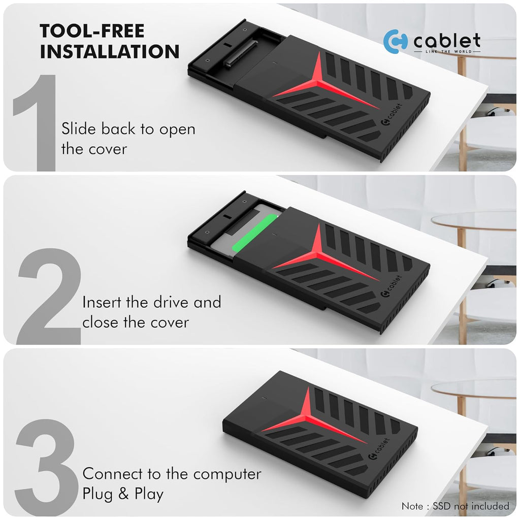 Cablet 2.5 Inch SATA USB 3.0 HDD/SSD Portable External Enclosure for 7mm and 9.5mm, Tool-Free Design, Supports UASP Max 6TB (HD2533-U3-BK-BP)