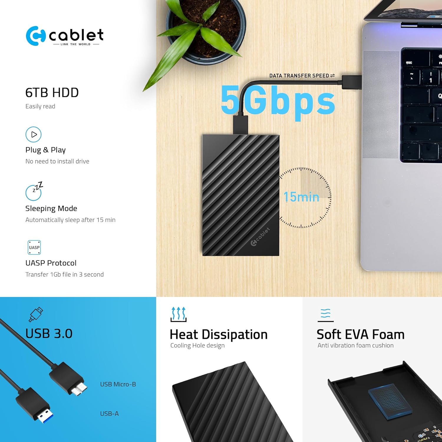 Cablet 2.5 Inch SATA USB 3.0 HDD/SSD 5Gbps Speed Portable External Enclosure for 7mm and 9.5mm, Tool-Free Design, Supports UASP Max 6TB (HD2599-U3 (USB 3.0))
