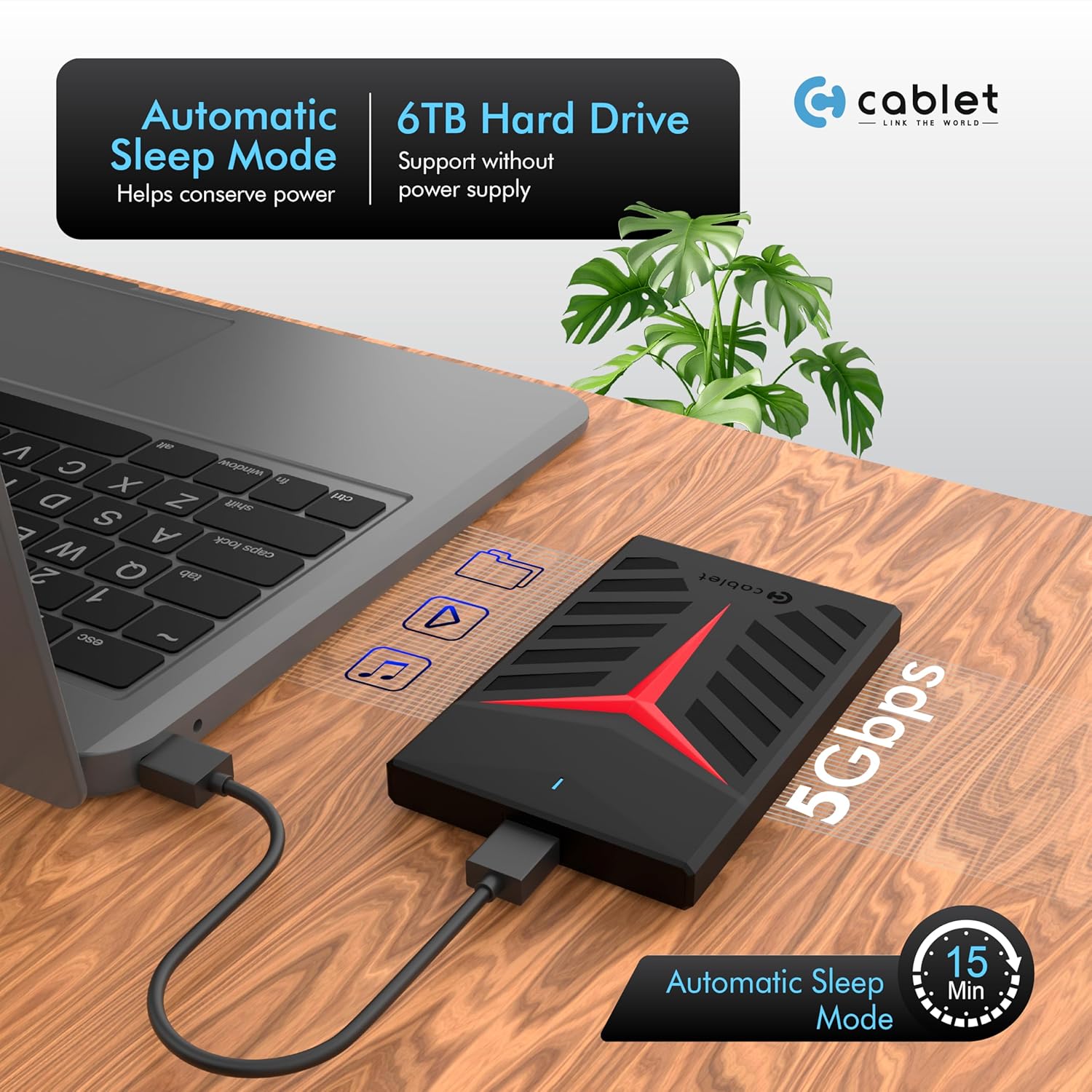 Cablet 2.5 Inch SATA USB 3.0 HDD/SSD Portable External Enclosure for 7mm and 9.5mm, Tool-Free Design, Supports UASP Max 6TB (HD2533-U3-BK-BP)