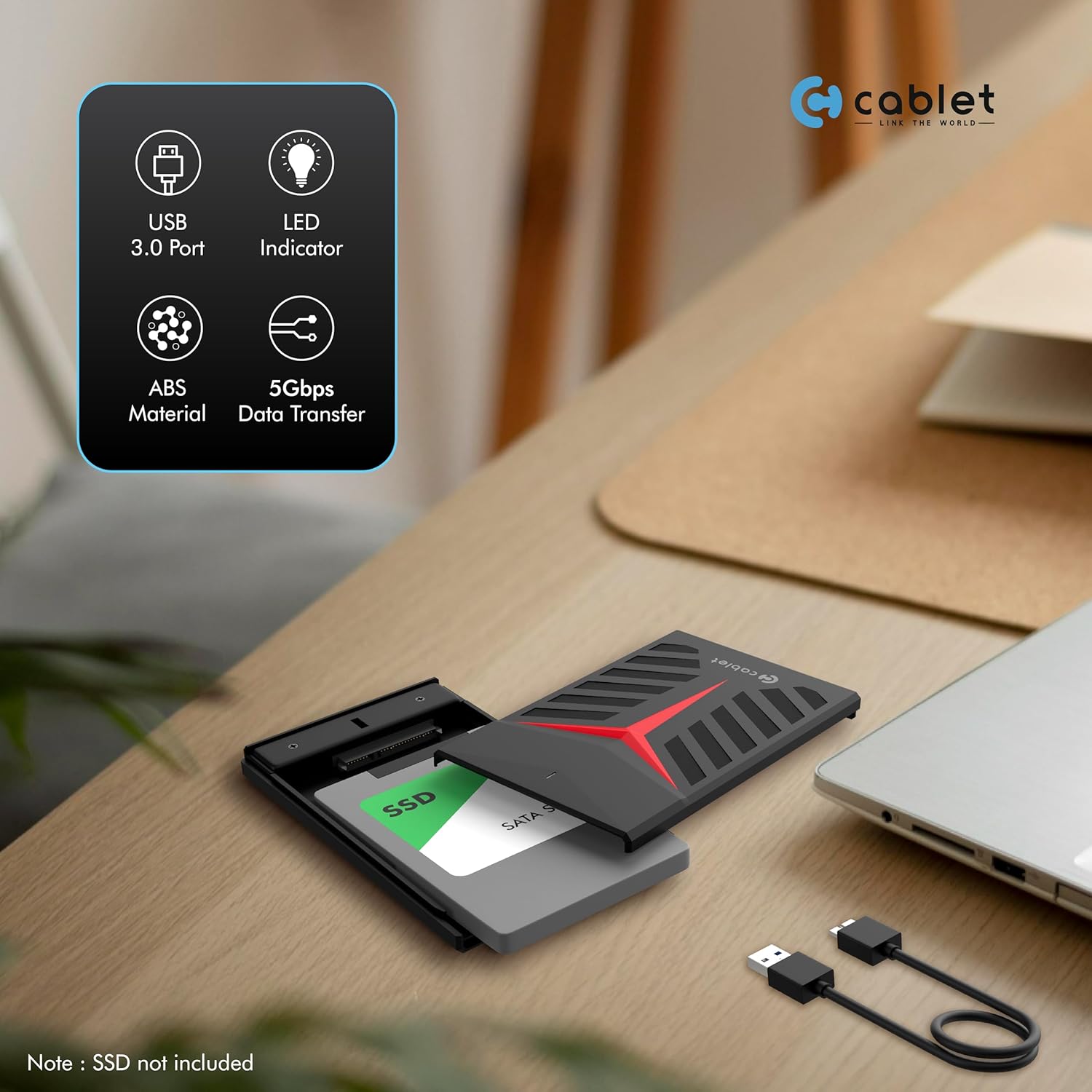 Cablet 2.5 Inch SATA USB 3.0 HDD/SSD Portable External Enclosure for 7mm and 9.5mm, Tool-Free Design, Supports UASP Max 6TB (HD2533-U3-BK-BP)