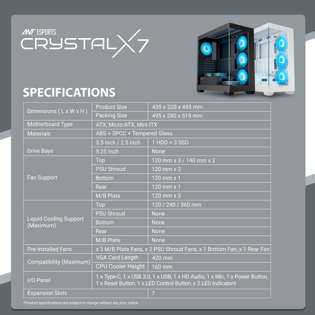 ANT Esports Crystal X7 ARGB ATX Mid Tower Case Black