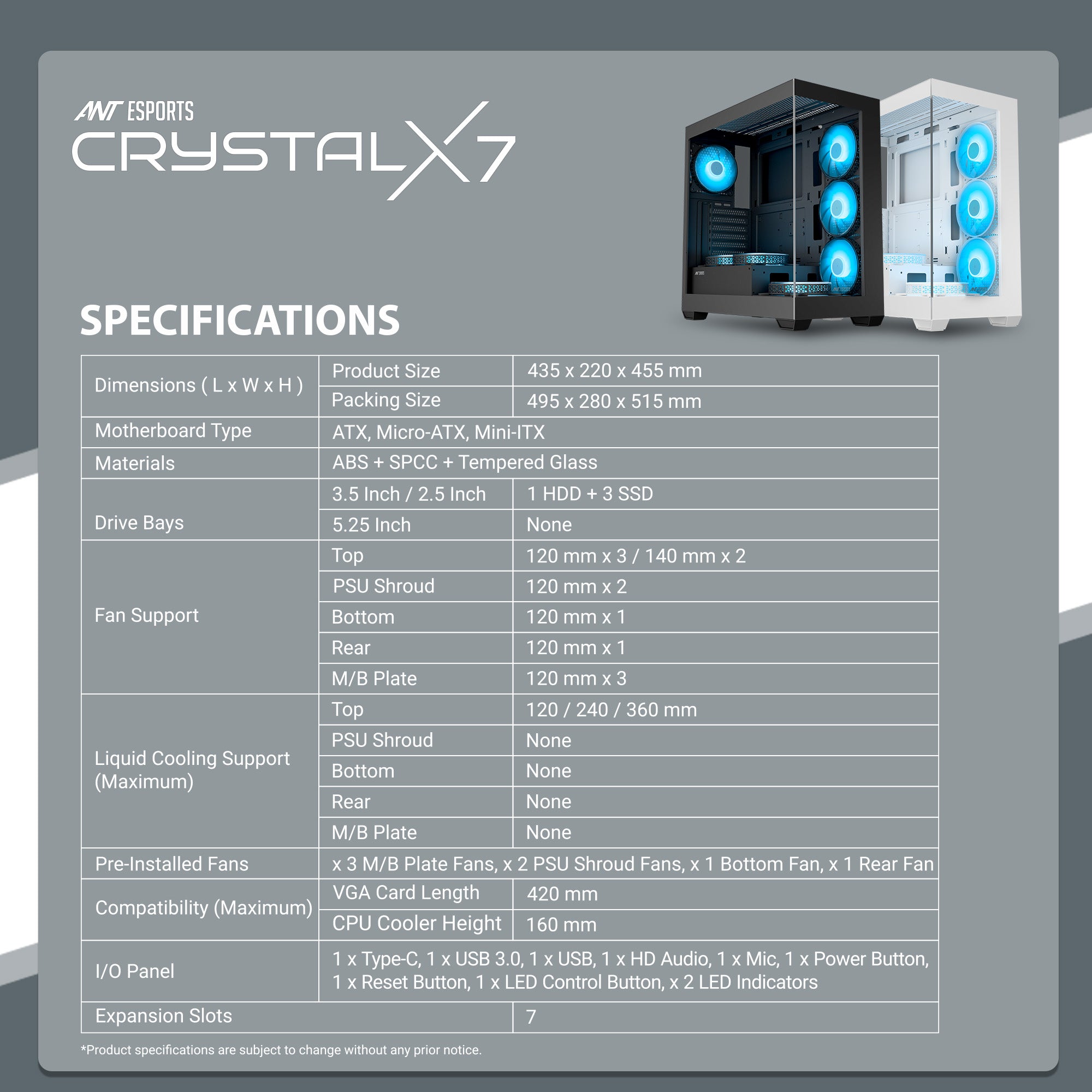 ANT Esports Crystal X7 ARGB ATX Mid Tower Case Black